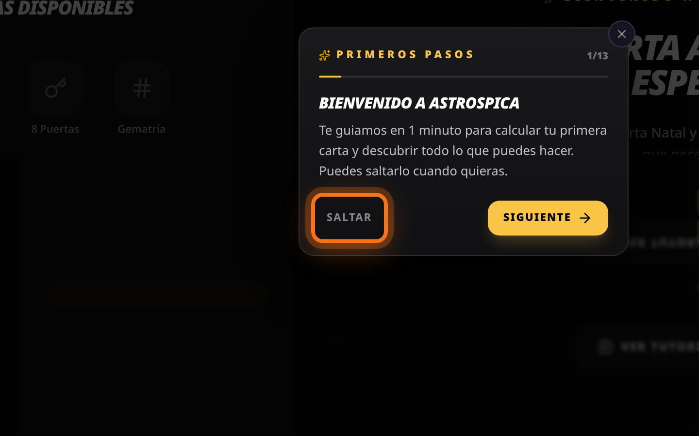 Tour de primeros pasos de AstroSpica con el botón Saltar