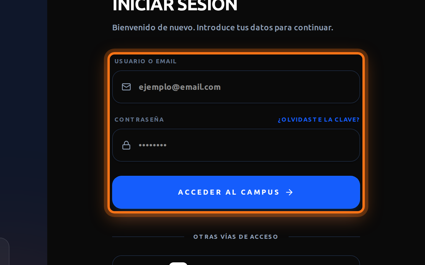 Formulario para entrar en Campus Astrología con el correo y la contraseña
